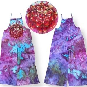 Festival tie dye jumpsuit romper ankle length bibs overalls purple rose XL